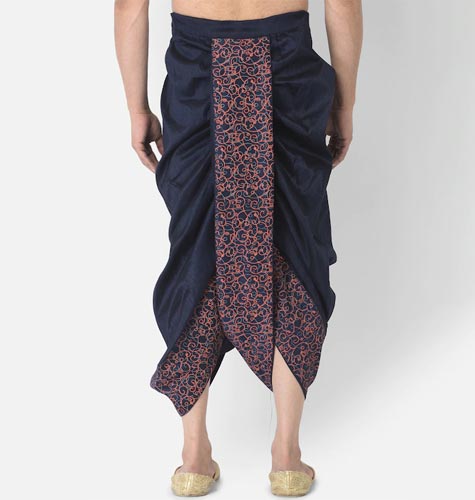 Men Blue & Peach Printed Silk Dhoti Pants